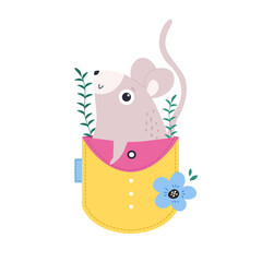 Happy Little Mouse Mascot in Pocket for Birthday and Baby Shower Vector Illustration for Kids