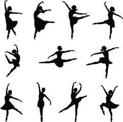 Ballet dancer silhouettes, elegant poses, dance movement, pirouette, arabesque, leaping figures, black shapes, graceful motion, artistic expression, choreography art ©  Miller