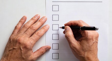 Senior hands marking a checklist with a pen ,Active aging Finance concept.