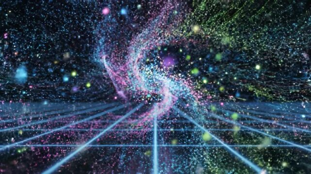 Swirling neon particle vortex over glowing grid plane with neon capsule glowing pill and vapor inside electric blue magenta light, neon glowing capsule breaking open over grid with colorful particles
