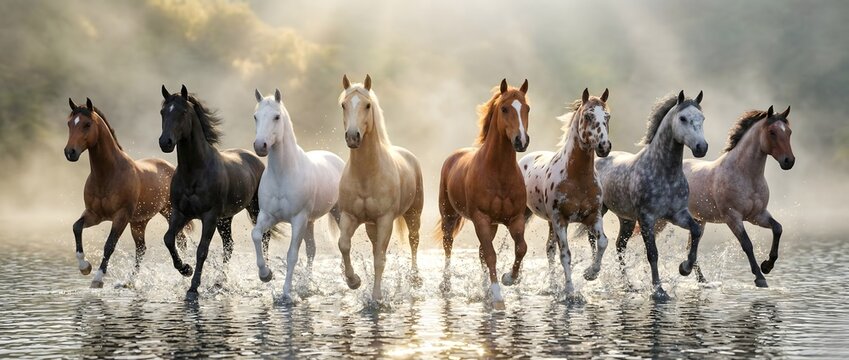 Group of eight running horses for feng shui success and career promotion, energetic majestic animals in water splash background