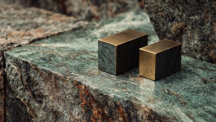 Two cube-shaped blocks with brass-colored faces resting on a rough greenish stone surface. Concept Two brass-faced cubes resting on a rough greenish stone surface