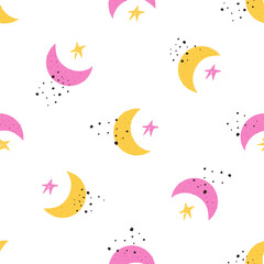 Adorable Pink and Yellow Moon with Twinkling Stars Seamless Background for Nursery. Happy Celestial Night Sky Seamless Pattern for Birthday and Baby Shower Stationary