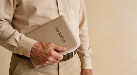 Elderly person holding My Budget planner against beige background ,Active aging Finance concept.