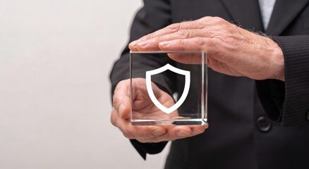 Hands holding a glass cube with shield icon symbolizing protection ,Active aging Finance concept.