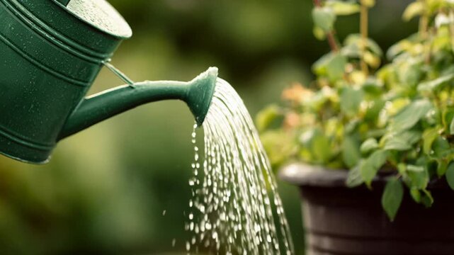 Peaceful garden hobby showing deep plant care, watering with green watering can for fresh, vital growth. Experience this tranquil connection with nature outdoors
