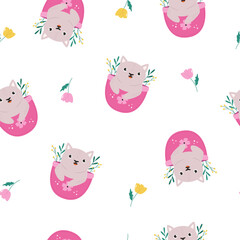 Adorable Baby Kitty Character with Flowers Seamless Pattern, Background