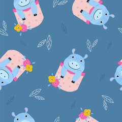 Adorable Baby Hippopotamus Character with Yellow Flowers. Happy Blue Hippo Mascot Peeking from Pocket Seamless Pattern for Nursery and Baby Shower