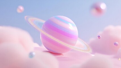 Pastel pink Saturn-like planet with rainbow rings, floating among fluffy pink clouds. Concept Pastel Space Fantasy, Rainbow-Ringed Planet, Fluffy Pink Clouds, Whimsical Celestial Scene