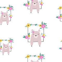 Cute Baby Bear in Floral Frame Seamless Pattern Cartoon Forest Animal Vector Illustration