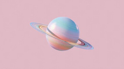 Pastel Saturn-like planet with rainbow rings against a soft pink background. Concept Pastel Saturn-like planet, Rainbow rings, Soft pink background, Dreamy space illustration, Cosmic pastel art