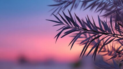 Silhouette of a palm-like frond against a pastel pink and purple sunset sky. Concept Sunset Silhouette, Palm Frond, Pastel Sky, Tropical Glow, Silhouette Photography
