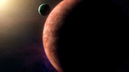 Cinematic motion render of sci fi space alien planet and moon near a glowing star, detailed exoplanet surface, deep space background, dramatic lighting, futuristic and mysterious mood