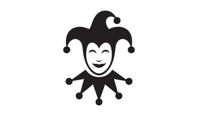 Black silhouette of a smiling jester head with traditional three-pointed hat and bells, medieval entertainer symbol, vector icon