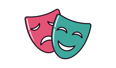 Colorful theater comedy and tragedy masks, drama and performing arts concept, pink and teal vector illustration