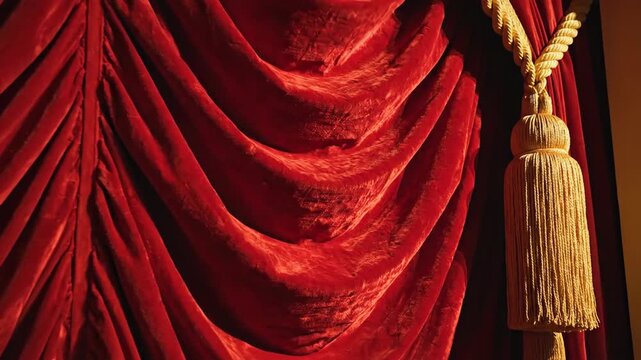 Rich red velvet curtain with gold trim and tassels elegant drapery