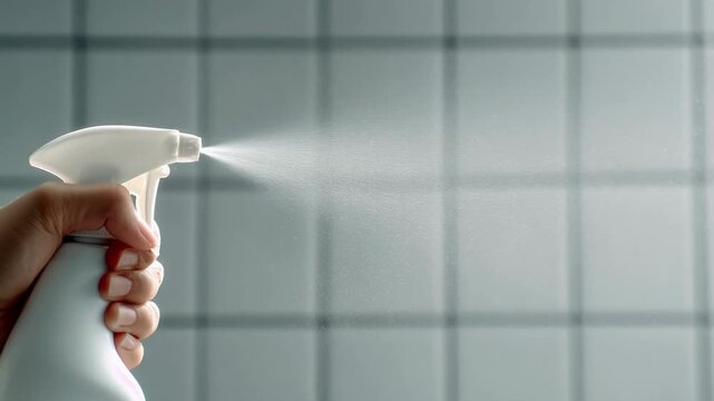 Thorough household cleaning chore using hand holding spray bottle with powerful disinfectant to sanitize tile surface, promoting excellent hygiene for spotless home