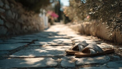 A pair of grey woven sandals rests on a sunlit stone path beside a garden wall. Concept Grey woven sandals, Sunlit stone path, Garden wall backdrop, Casual summer footwear, Texture and light