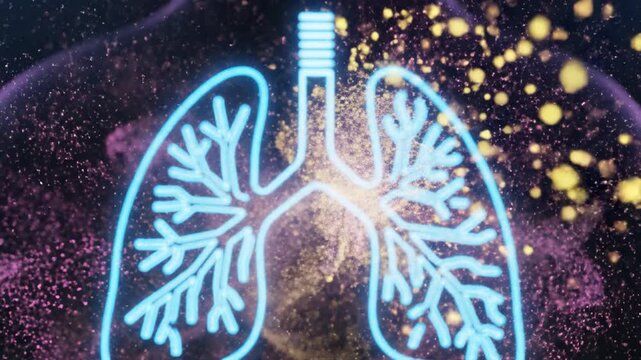 Neon lung illustration respiratory system airway bronchi anatomy medical concept Neon blue anatomical lung illustration with branching bronchi and colorful powder cloud particles creating dynamic