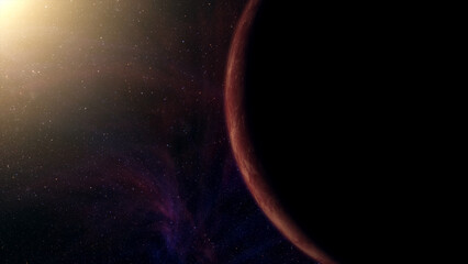 Cinematic motion render of sci fi space alien planet and moon near a glowing star, detailed exoplanet surface, deep space background, dramatic lighting, futuristic and mysterious mood