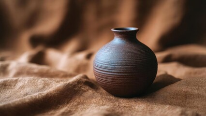 A small, round, dark brown ceramic vase with a narrow neck sits on soft brown fabric. Concept Dark brown ceramic vase with a narrow neck, Round small pottery with matte glaze