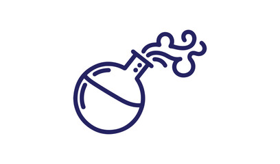 Laboratory flask icon with rising vapor or smoke, science experiment and chemical reaction concept, purple line art vector illustration
