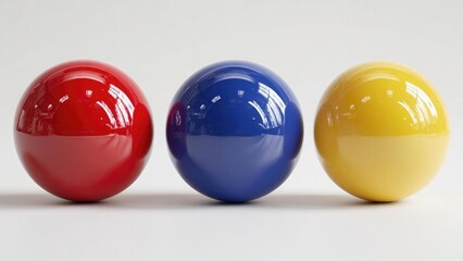 Three glossy spheres in red, blue and yellow arranged in a row on a light surface. Concept Glossy spheres, Primary colors, Row arrangement, Light surface, Reflections