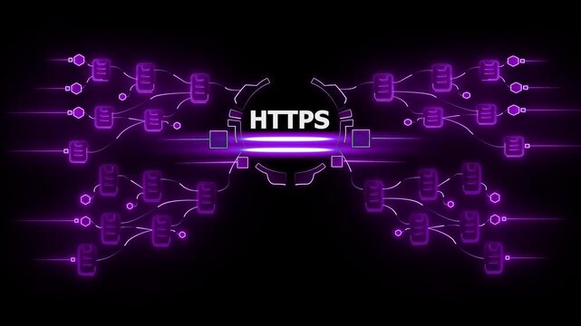 H T P S protocol concept with glowing purple network connections and secure data transfer on black background