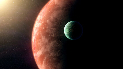 Cinematic motion render of sci fi space alien planet and moon near a glowing star, detailed exoplanet surface, deep space background, dramatic lighting, futuristic and mysterious mood