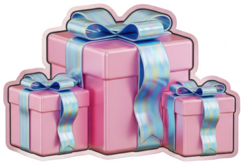 Three pink gift boxes with shiny blue ribbons and bows on transparent background with a white outline