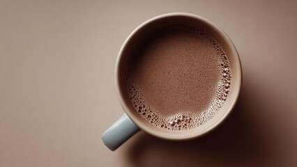 A mug of frothy coffee. Concept Cozy morning vibes, Steaming mug close-up, Latte art detail, Warm earthy tones, Rustic kitchen setting