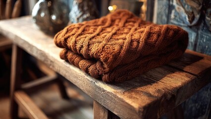 Folded chunky brown knit sweater resting on a rustic wooden table. Concept Cozy knitwear, Rustic table setting, Earthy brown tones, Textured fabric, Still-life styling