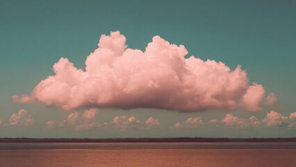 Pink-tinted cumulus cloud hovering over a calm body of water with a distant shoreline on the horizon. Concept Pink-tinted clouds, Calm water reflections, Horizon shoreline silhouette