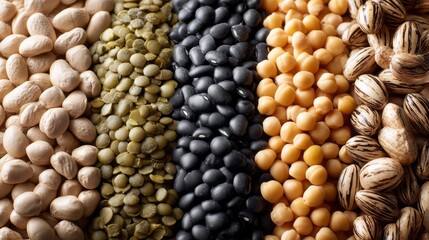 Diverse uncooked legumes display an enchanting array of colors and shapes, beautifully organized in neat stripes across a rustic surface, inviting exploration and culinary creativity