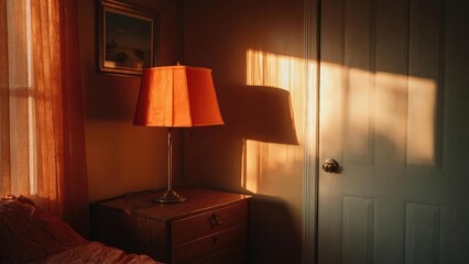 Bedroom corner bathed in warm orange light from a red lampshade on a wooden dresser, with a framed painting and sunlight on the door. Concept Cozy bedroom lighting