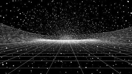 A 3D white wireframe grid in space with countless stars, creating a warp-space or wormhole–like horizon. Concept 3D white wireframe grid, warp-space horizon, starry universe, sci-fi space scene