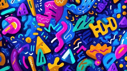 Bright abstract painting with neon shapes—triangles, circles and squiggles in blue, pink, orange and purple. Concept Neon Abstract Art, Geometric Shapes, Triangles Circles Squiggles