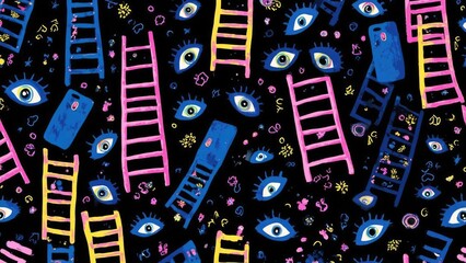 Colorful ladders and blue eyes scattered on a black background in a whimsical pattern. Concept Colorful ladders, Blue eyes, Black background, Whimsical pattern, Surreal composition