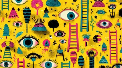 A bright yellow surreal collage with oversized eyes, ladders, trees, mushrooms and other abstract shapes. Concept Surreal collage, Oversized eyes, Bright yellow palette, Ladders and trees imagery