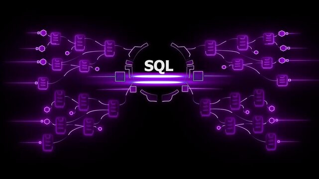 S Q L database concept with neon purple flowchart and glowing connections on black background