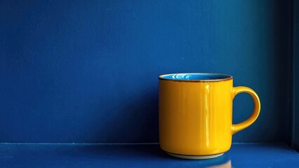 Yellow ceramic mug with a brown rim sits on a blue surface against a blue wall. Concept Blue and yellow color contrast, Yellow mug with brown rim, Ceramic still life, Minimalist composition