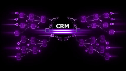 C R M customer relationship management neon purple flowchart with interconnected documents and data exchange on black background for business and technology concepts