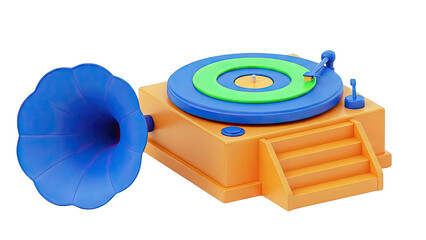 Stylized cartoon record player with blue horn and orange base