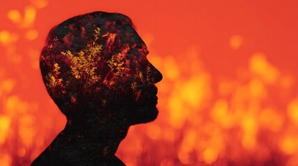 A silhouette of a person with a fiery, nature-inspired overlay, symbolizing the connection between mind and environment.