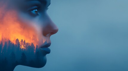 A captivating double exposure image combining a woman's profile with a fiery forest, illustrating the connection between humanity and nature.
