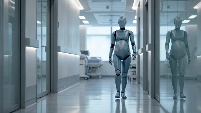 Pregnant female robot walking through modern hospital corridor, symbolizing future medical care and artificial motherhood