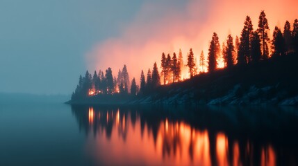 Fototapeta premium A serene lake reflects a dramatic forest fire, with towering trees silhouetted against vivid orange flames and smoke, creating a striking contrast between water and fire.