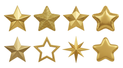 Gold star set including faceted, glittery, metallic, inflatable, and textured styles isolated. Decorative holiday and award collection.