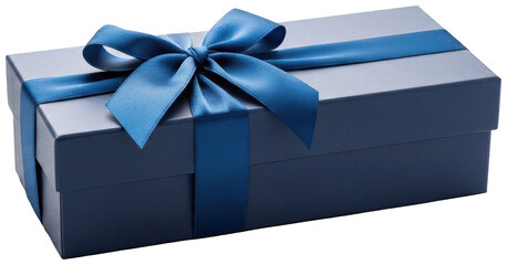 Elegant dark blue gift box with matching silk ribbon bow on transparent background