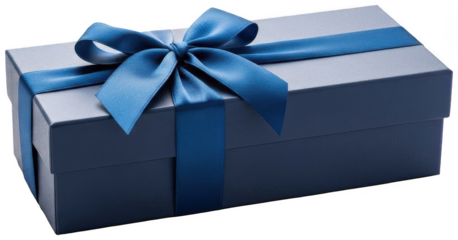 Elegant dark blue gift box with matching silk ribbon bow on transparent background